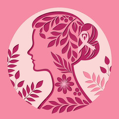 Pink Silhouette of Woman's Head with Ribbon and Floral Design