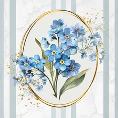 Beautiful blue flowers arranged artistically on a soft marble background with gold accents and striped design Generative AI