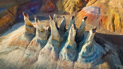 Colorful rock formations in a high-angle view