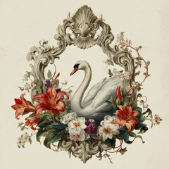 Elegant white swan surrounded by vibrant flowers in a decorative frame showcasing nature's beauty Generative AI