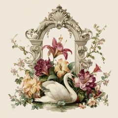 Elegant swan surrounded by vivid flowers in a vintage floral arrangement setting from a historical art collection Generative AI