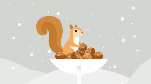 A squirrel is surrounded by a pile of nuts in a snowy wintery scene
