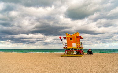 Lifeguard over Miami beach. Panoramic seascape of Miamis famous coastline. South Miami Beach. Miami...
