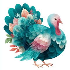 Colorful turkey illustration featuring vibrant feathers and autumn leaves in a whimsical style suitable for seasonal decor Generative AI