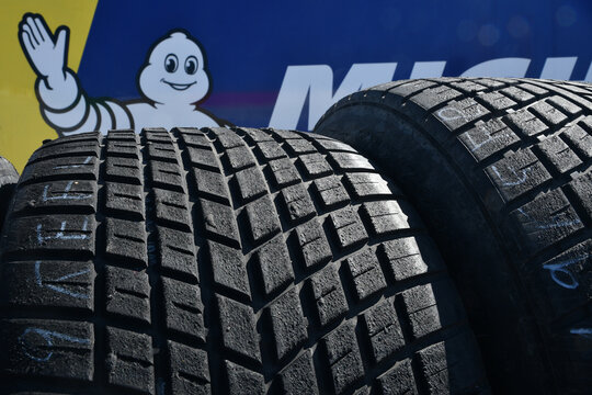 Scarperia, Italy - March 20, 2025: Detail of the tread of Michelin tires in the paddock during the Michelin 12 Hours event at the Mugello circuit.