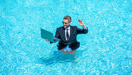 Businessman on video conference. Freelance man has online video call. Freelance working online. Man...