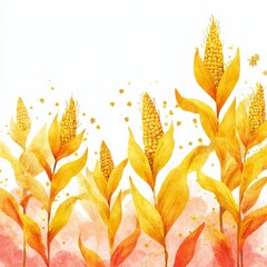 Vibrant golden corn plants in a watercolor illustration against a soft pink background Generative AI