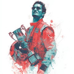 Fototapeta premium Champion racer celebrating victory with trophy in vibrant red and blue artistic style at a motorsport event in a vibrant atmosphere Generative AI