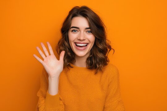 Cheerful Greeting: Portrait of a Joyful Woman with Brown Hair, Waving Happily Against a Vibrant Orange Backdrop