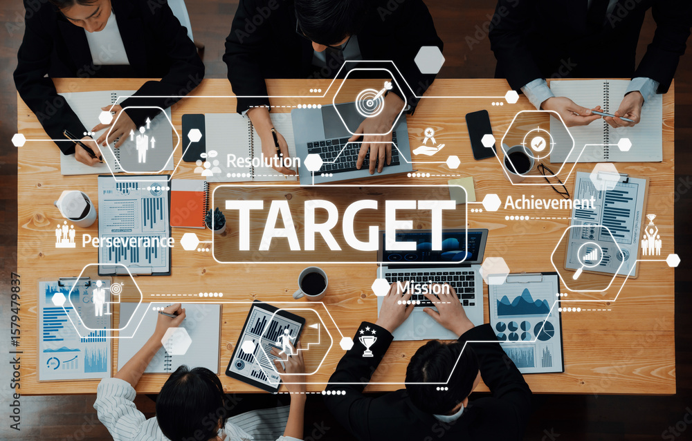 Aufkleber a top-down view of a business meeting where professionals collaborate on targets, discussing achieve