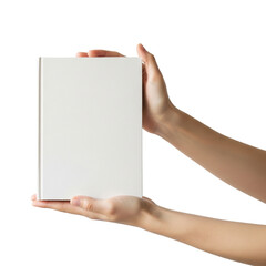 Hand holding a blank white hard cover book on Isolated transparent background png. generated with AI