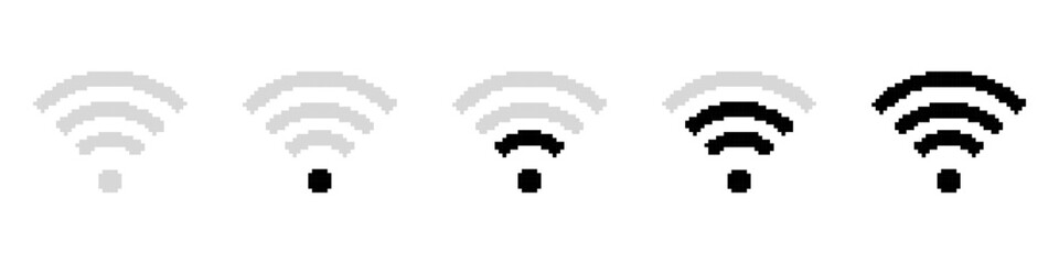 Set of Wi-Fi Signal templates in pixel art style. Black and gray connectivity indicators. Network strength, wireless, labels. Isolated on white background.