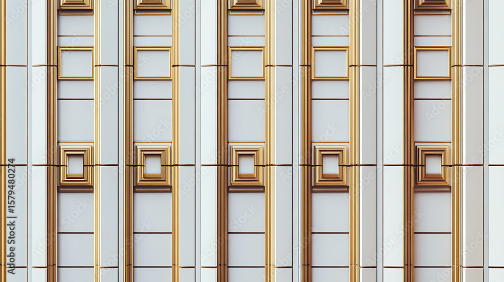 Poster modern architectural facade with repeating square and rectangular geometric elements. gold and white