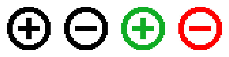 Set of Plus Minus Button templates in pixel art style. Add subtract controls. Interface elements, zoom icons, labels. Isolated on white background
