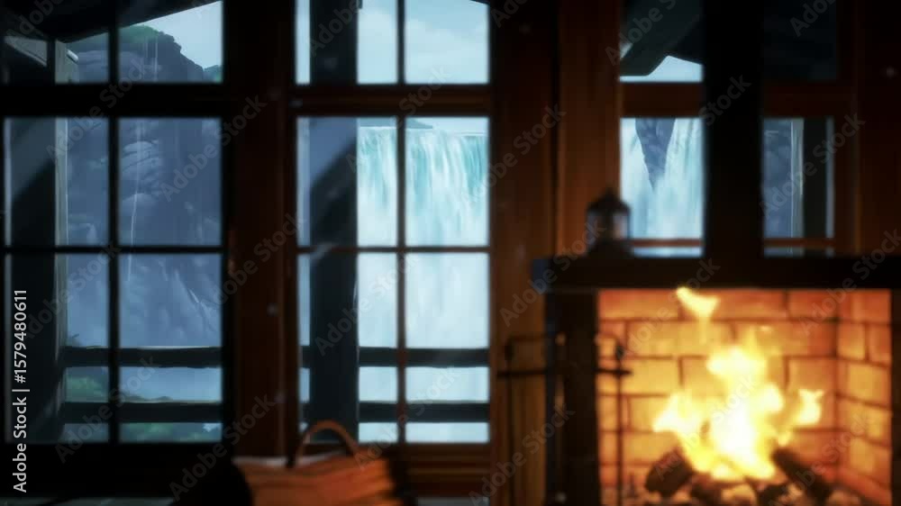 Poster blurred view of a fireplace and window showing a waterfall and rock formation