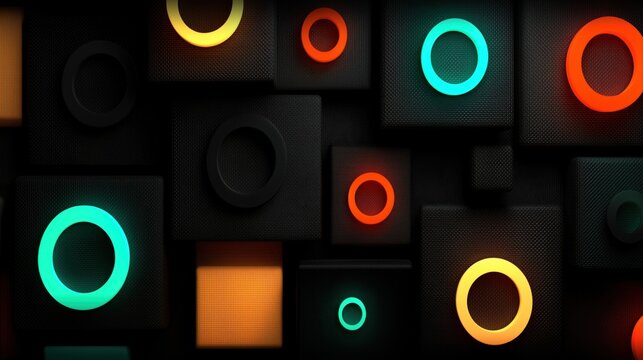 ネオンリングとテクスチャードブロックの抽象的な背景 | Abstract background of neon rings and textured blocks