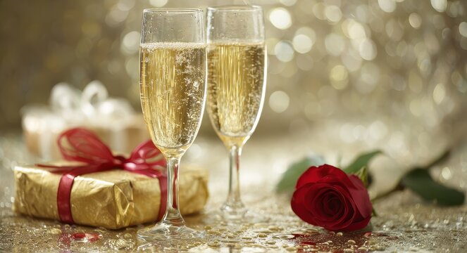 Romantic Valentine's Day Scene with Champagne, Roses, and Gifts for February 14 Celebrations