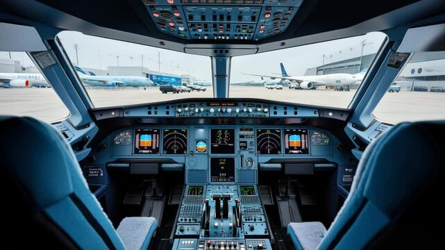 Experience a detailed cockpit view from an Airbus on the ground at an international airport. Surrounding aircraft and busy runways create a lively aviation atmosphere