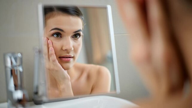 A young woman examines her skin closely in a well-lit bathroom mirror. She applies gentle skincare products while promoting self-care and confidence in her daily routine