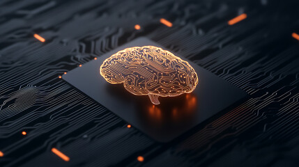 Artificial intelligence brain circuit on black background. Neural network concept. Technology and science innovation. Futuristic mind simulation.