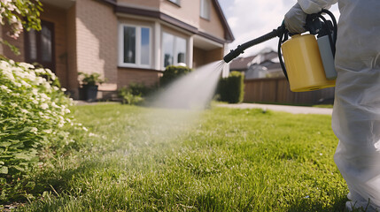 Person in protective suit spraying lawn. Home care service is applied to the lawn to maintain its health and look. Spraying service to keep lawn green.