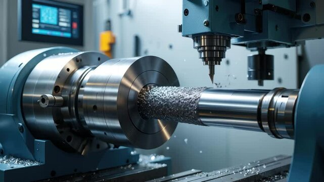 Metal is being shaped in a machining facility with a sophisticated machine tool. Shavings fly as the workpiece rotates, showcasing the detailed craftsmanship involved