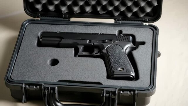 A handgun is displayed within a protective case, highlighting its design and features. This close-up review occurs at a secure environment dedicated to firearms education and safety