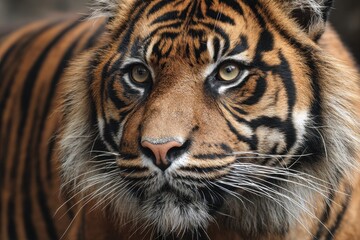 Stunning Sumatran Tiger Close-Up: Majestic Feline Showcasing Striking Stripes in a Natural Habitat