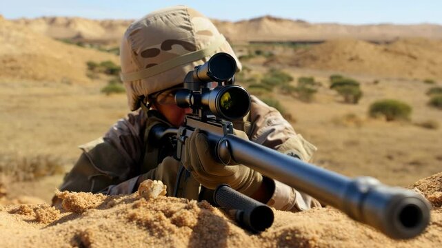 A soldier lies prone in a sandy environment, carefully aiming a rifle equipped with a scope. The backdrop features rolling hills and sparse vegetation, illustrating a desert training ground