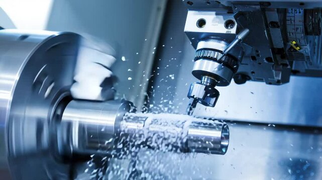 This clip illustrates a precision machining process at a manufacturing site. The tool shapes metal with spinning components, creating intricate designs. Sparks and shavings fly during operation