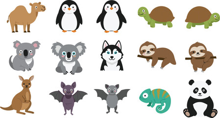 Fototapeta premium Cute animals cad drawing flat vector illustration, cartoon-style wild creatures in rows, front view sketch layout for educational use