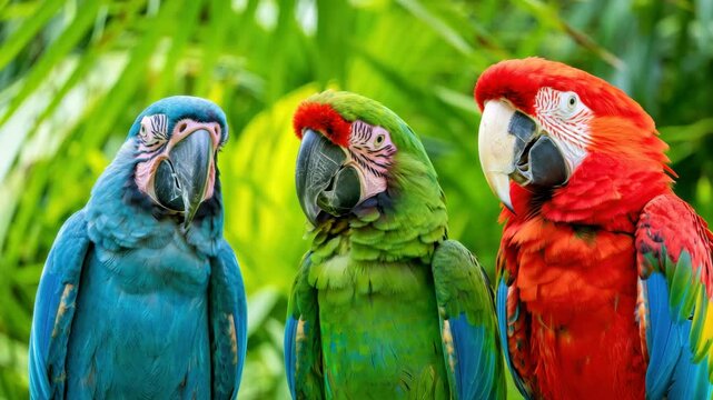 Three vibrant macaws engage with each other in a green, tropical setting filled with foliage. Their beautiful feathers stand out against the natural backdrop as they communicate playfully