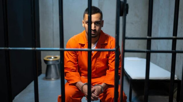 An individual in an orange jumpsuit sits in a cell, pondering life while confined. The stark room features bare walls and minimal furnishings, evoking a sense of isolation and introspection