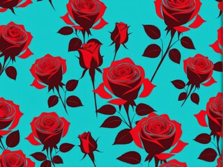 seamless pattern with red roses on blue background. vector illustration