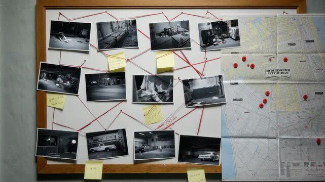 A detailed investigation board displays black and white images connected by red strings. Notable landmarks and handwritten notes highlight key points related to a mystery case