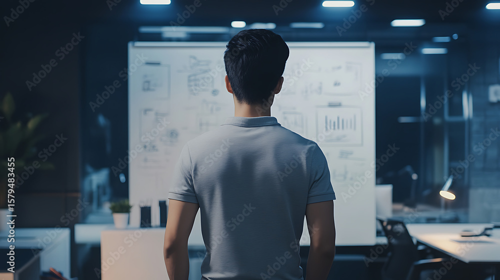 Poster man facing whiteboard with charts in modern office, viewed from behind. conceptual design for presen