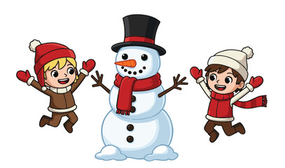 Snowman with winter kids cad drawing flat vector illustration, joyful jumping children in hats and scarves, front view holiday scene