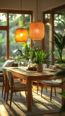 Obraz premium Minimal Art Deco Dining Room Design with Wood Grain Accents Wallpaper