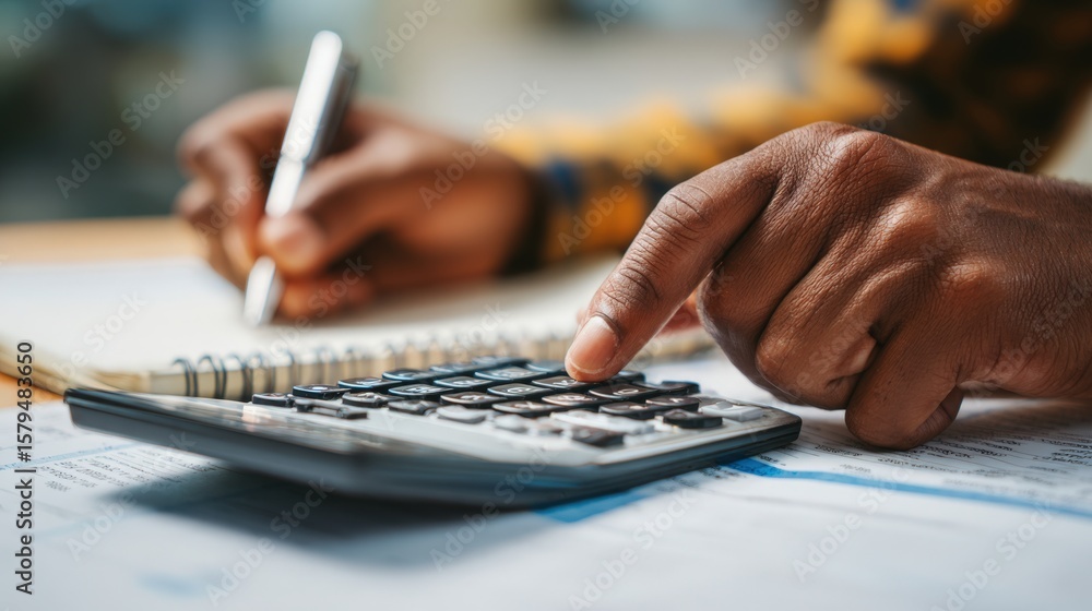 Poster first-person view of hands using calculator and ledger for financial tasks