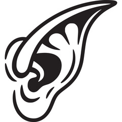 A stylized black and white illustration of an elf ear with intricate curved lines on a white background on transparent background