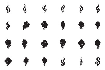 Smoke steam icons set, vector collection of black silhouette shapes, hot food aroma, vapor, scent trail, and smoke puff graphic elements isolated on white background