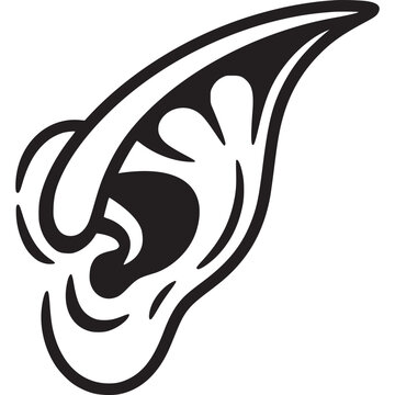 A stylized black and white illustration of an elf ear with intricate curved lines on a white background on transparent background