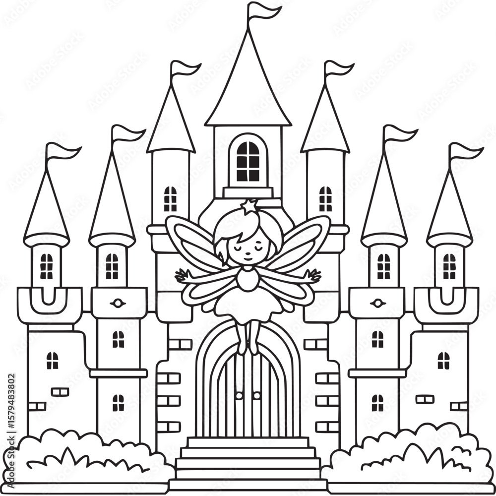 Poster a fairy with wings in front of a castle with towers and flags in a black and white outline drawing o