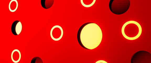 Abstract red background with glowing circles, 3d render. 