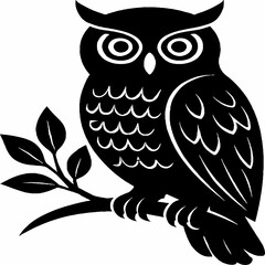 Black and white silhouette of an owl perched on a leafy branch with large circular eyes and scalloped feather patterns, isolated on white background, minimalistic wildlife vector illustration suitable