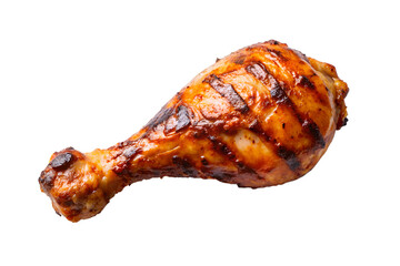 A single grilled chicken drumstick with grill marks on a white  background