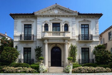 Fototapeta premium Elegant Stucco Abode: A Classic Residential Structure Blending Modern Comfort with Timeless Architecture
