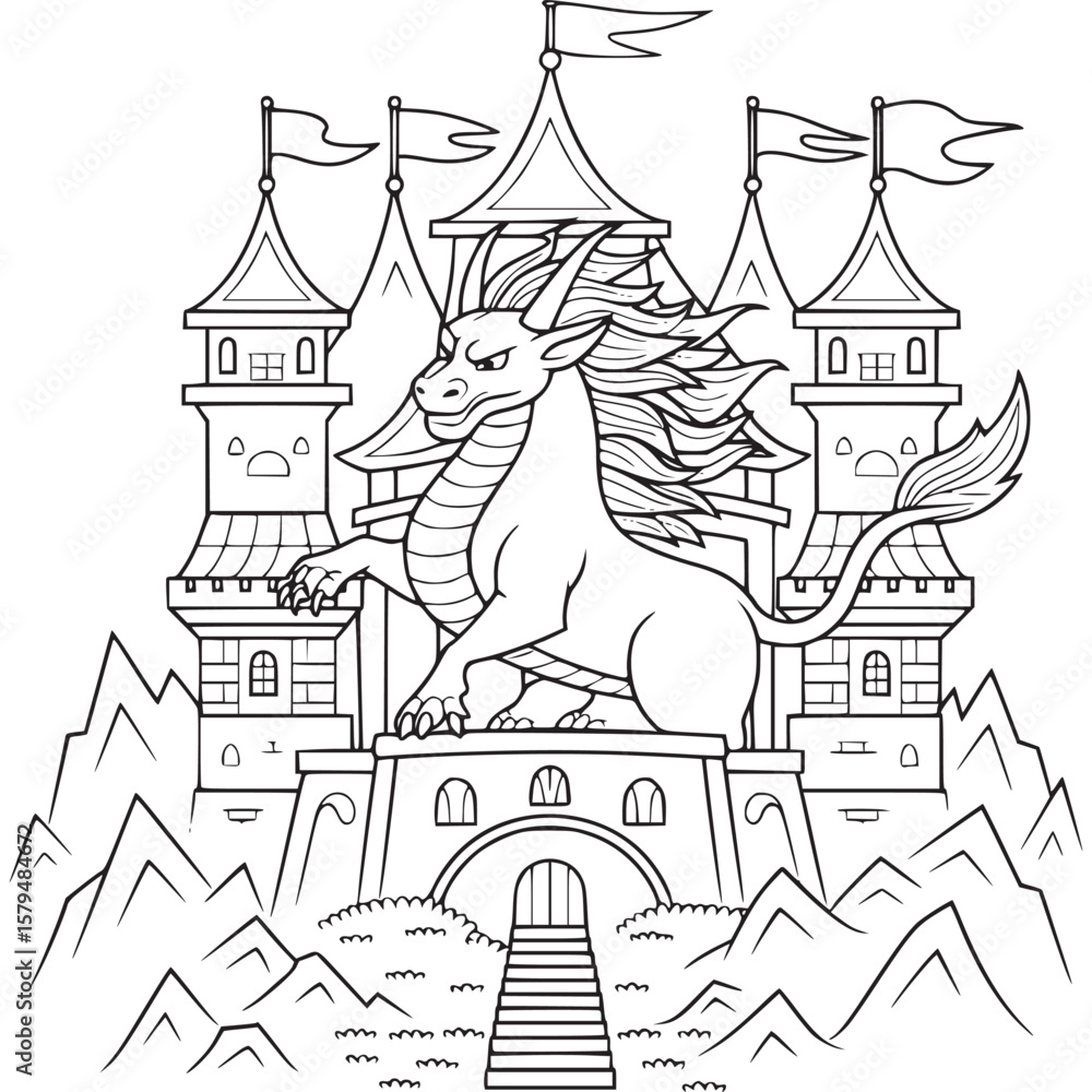 Poster line art of a dragon perched atop a castle with flags and mountain range in the background drawing o