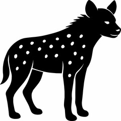 Black and white silhouette of a hyena with white spots, curved back, pointed ears, and visible mane, standing on all fours and facing right, isolated on white background,isolated white background