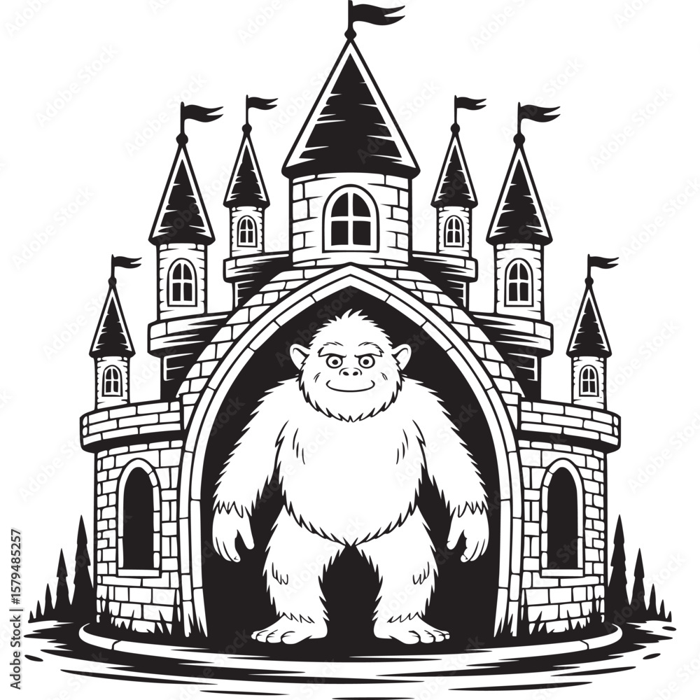 Poster a whimsical illustration of a yeti standing in front of a castle with flags on the towers on transpa